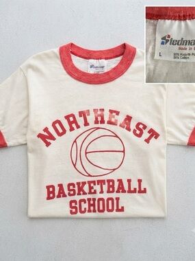 Northeast Basketball School Ringer Tee - Cream with Red Trim